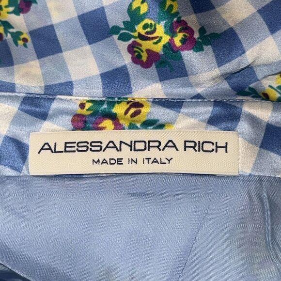 New ALESSANDRA RICH Off-Shoulder Floral Dress Medium Blue Gingham IT40/Small - Picture 12 of 16